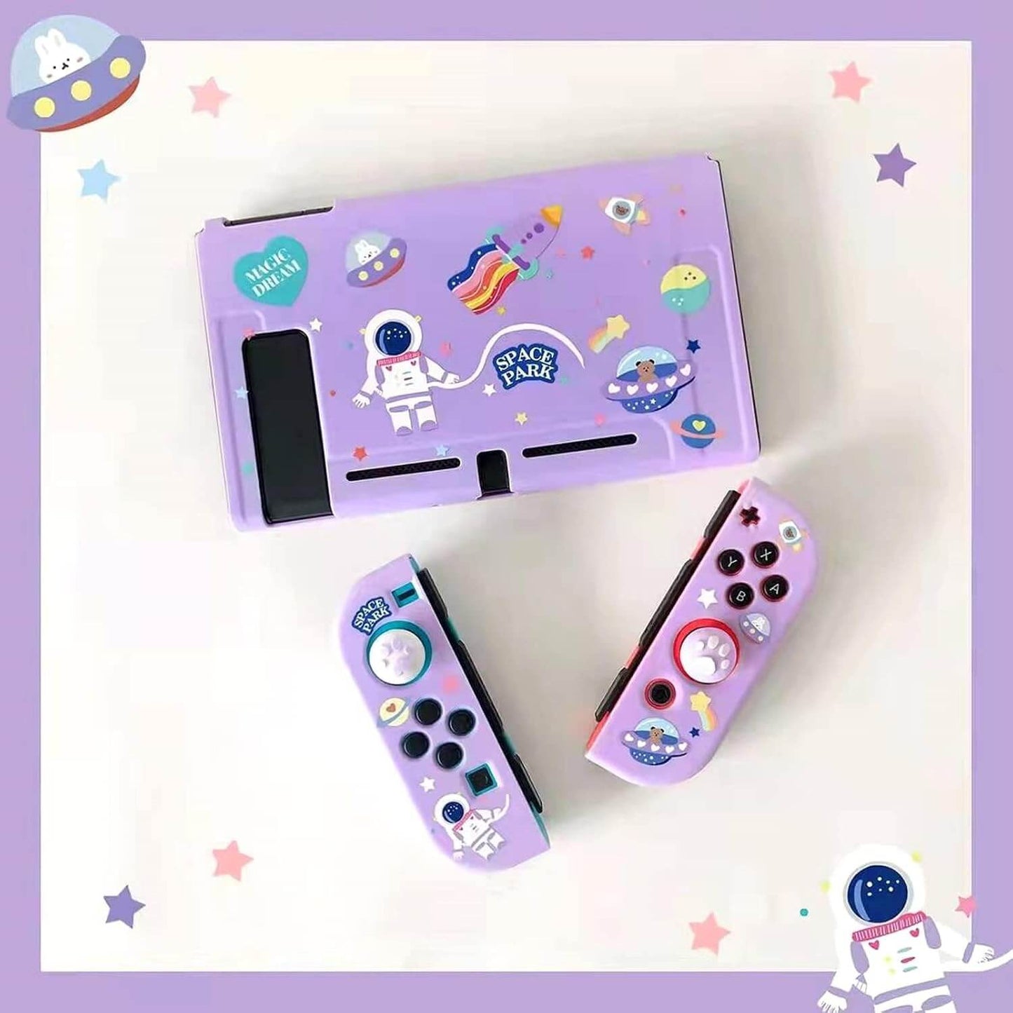 Dockable Switch Purple Case for Girls – Cute Kawaii Soft TPU Protective Cover with Thumb Grips and Screen Protector Compatible with Standard Nintendo Switch Only