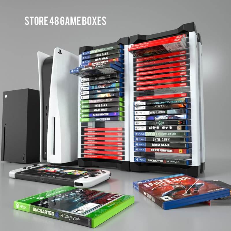 ECHZOVE Video Game Storage Tower – Durable, Modular Organizer for 46 PS5/PS4/Xbox Discs with Headset Hooks