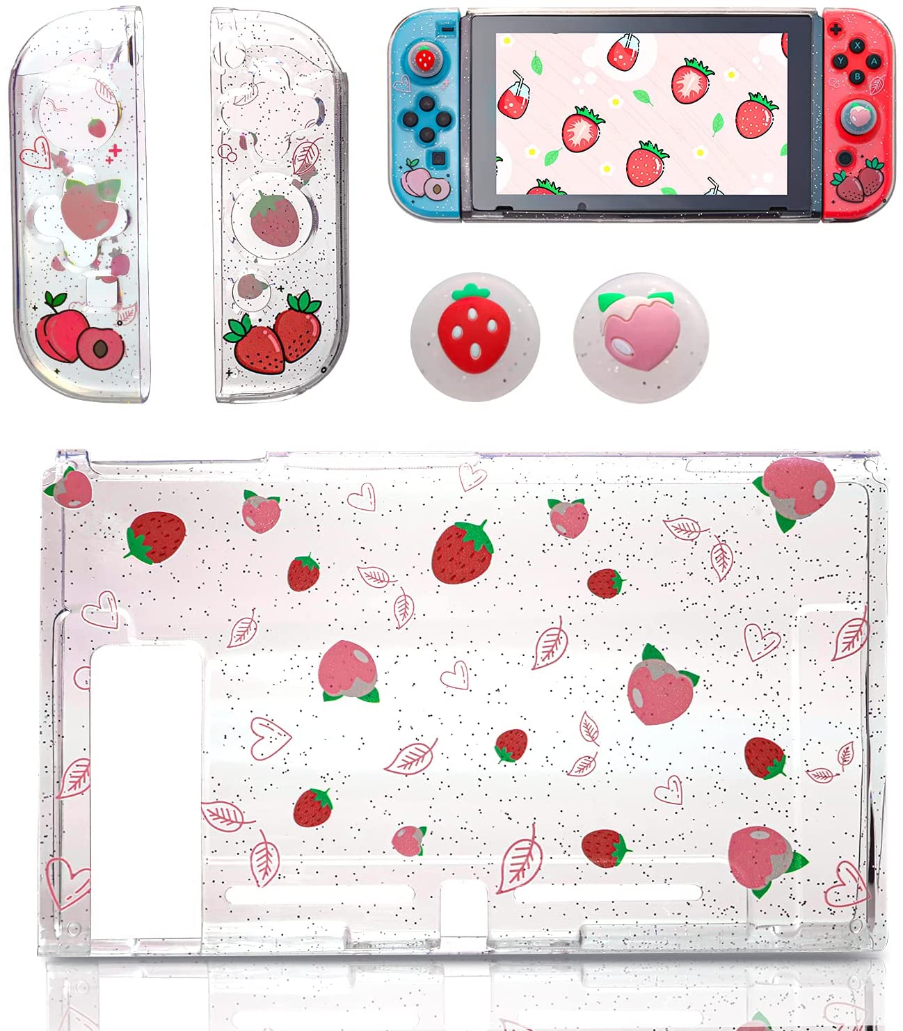 Switch Glitter Case, Switch Glitter Case with Tempered Glass Screen Protector and Thumb Grip Caps - Strawberry and Peach