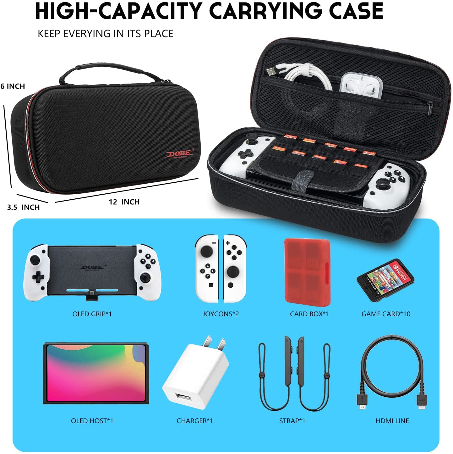 Switch OLED Controller Grip, Ergonomic Controller for Switch OLED and Switch with Gravity Induction of Six-Axis Gyroscope, Double Motor Vibration, Large Grip with Storage Bag and Game Card Case