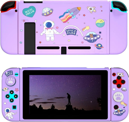 Dockable Switch Purple Case for Girls – Cute Kawaii Soft TPU Protective Cover with Thumb Grips and Screen Protector Compatible with Standard Nintendo Switch Only