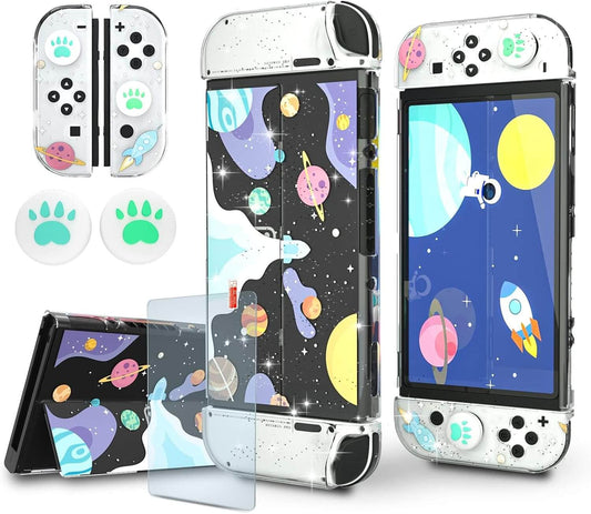 Switch OLED Case Dockable Protective Cover - Clear Glitter Shell with Tempered Glass & Thumb Grips, Cute Rocket Design for Girls - All-Around Protection for Nintendo Switch OLED Console Accessories