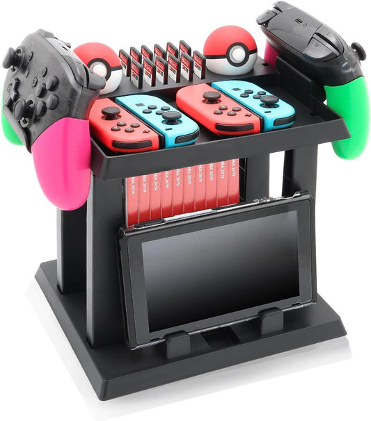 ECHZOVE Storage Stand for Nintendo Switch, Dock Organizer for Nintendo Switch Dock, Joy-Con Grip, 2 Pro Controllers, 2 Joy-Con straps, 4 Joy-Cons, 12 Game cards and 2 Poke Ball Plus Controllers