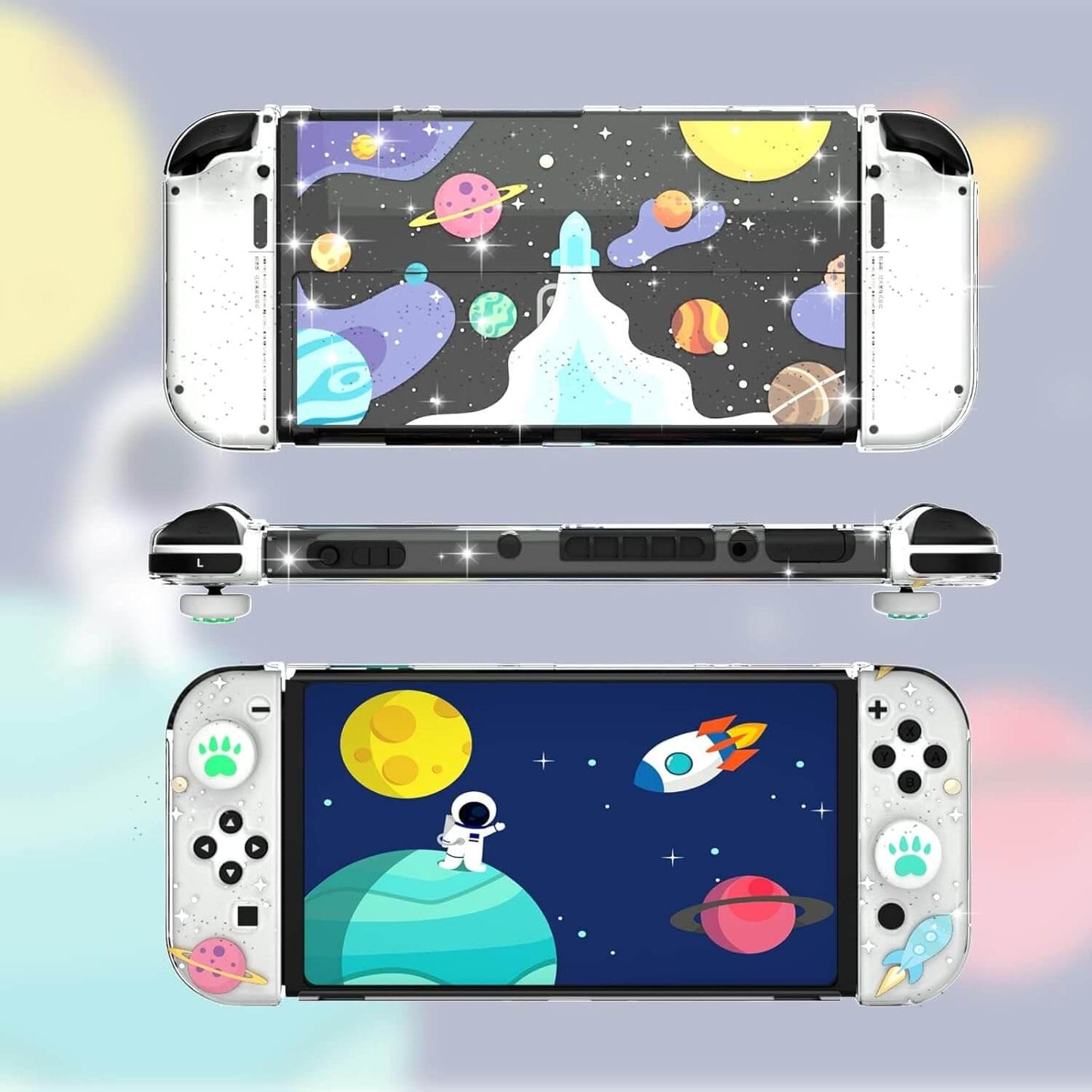 Switch OLED Case Dockable Protective Cover - Clear Glitter Shell with Tempered Glass & Thumb Grips, Cute Rocket Design for Girls - All-Around Protection for Nintendo Switch OLED Console Accessories