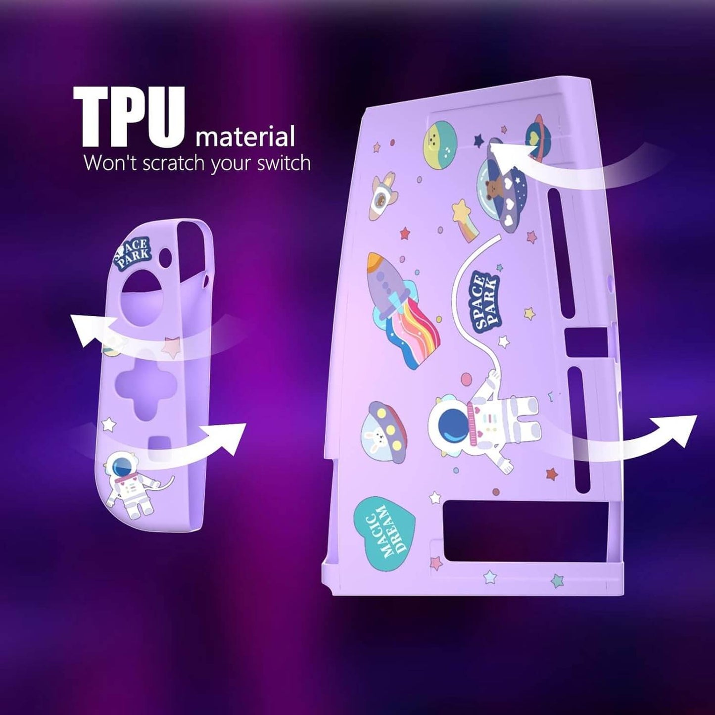 Dockable Switch Purple Case for Girls – Cute Kawaii Soft TPU Protective Cover with Thumb Grips and Screen Protector Compatible with Standard Nintendo Switch Only
