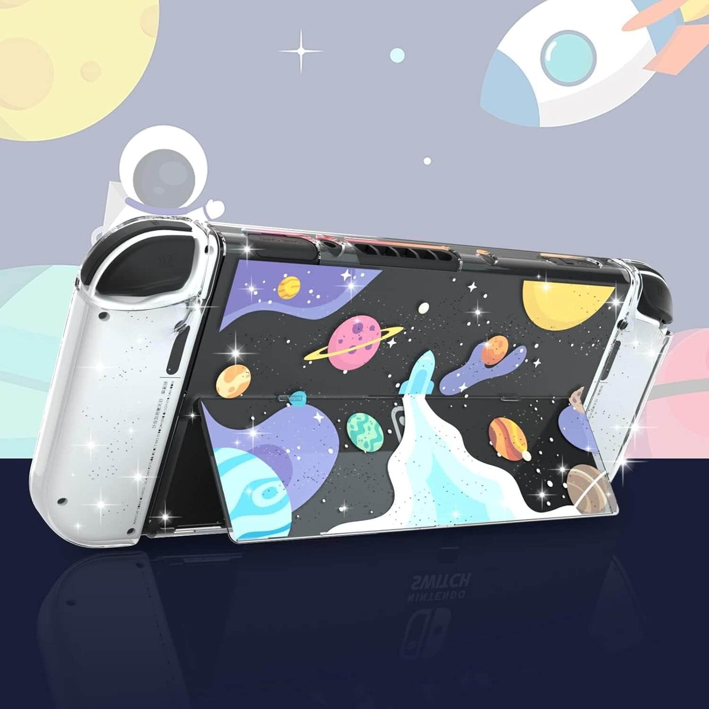 Switch OLED Case Dockable Protective Cover - Clear Glitter Shell with Tempered Glass & Thumb Grips, Cute Rocket Design for Girls - All-Around Protection for Nintendo Switch OLED Console Accessories