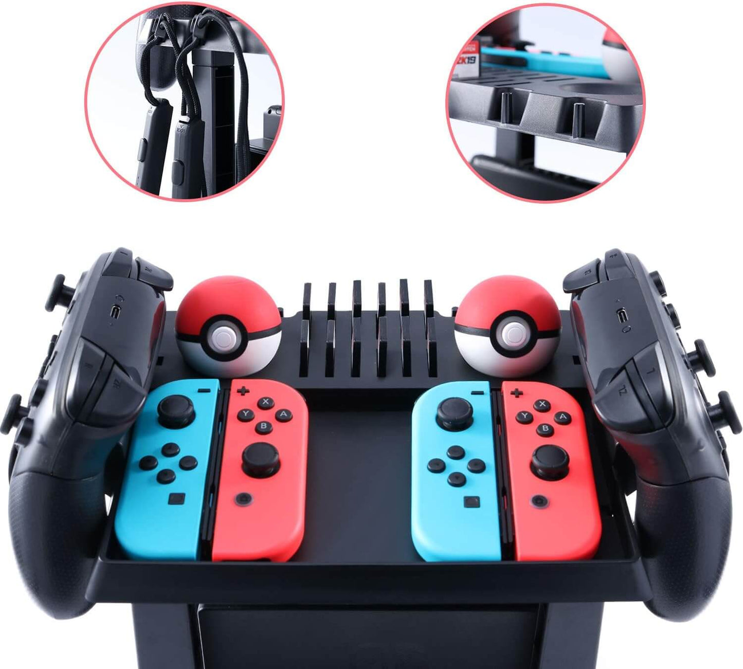 ECHZOVE Storage Stand for Nintendo Switch, Dock Organizer for Nintendo Switch Dock, Joy-Con Grip, 2 Pro Controllers, 2 Joy-Con straps, 4 Joy-Cons, 12 Game cards and 2 Poke Ball Plus Controllers