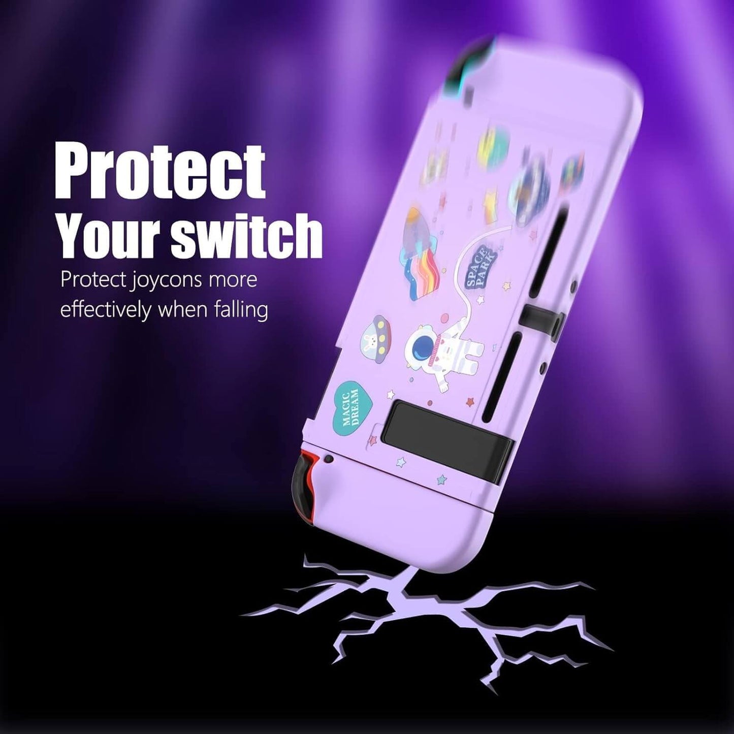 Dockable Switch Purple Case for Girls – Cute Kawaii Soft TPU Protective Cover with Thumb Grips and Screen Protector Compatible with Standard Nintendo Switch Only