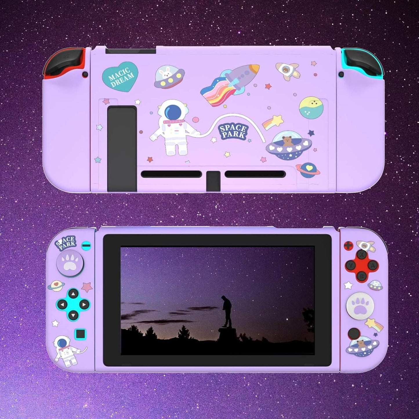 Dockable Switch Purple Case for Girls – Cute Kawaii Soft TPU Protective Cover with Thumb Grips and Screen Protector Compatible with Standard Nintendo Switch Only