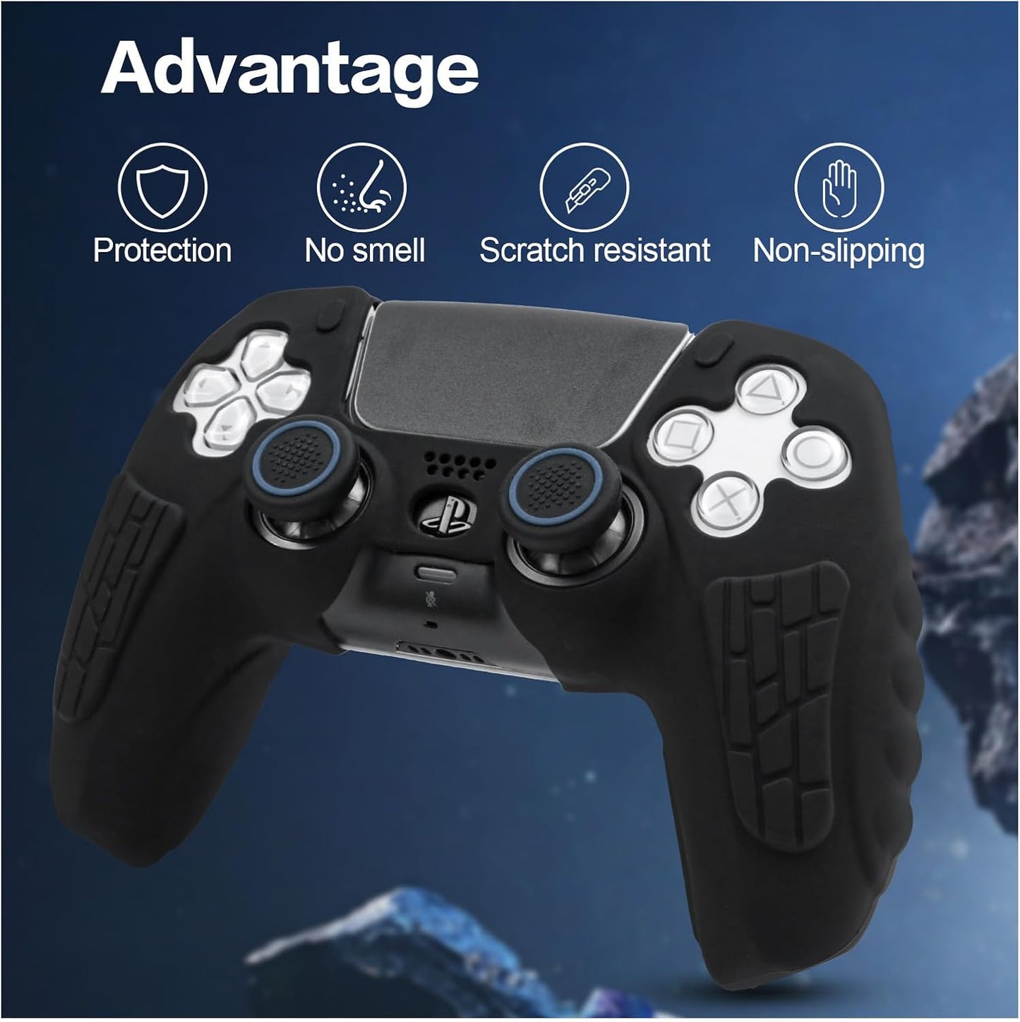 ECHZOVE PS5 Controller Cover Case, Anti-Slip Silicone Cover Skin for PS5 Controller with Thumb Grip Caps, Joystick Protectors and Cover Wrap Sticker(2 Packs) AllBlack