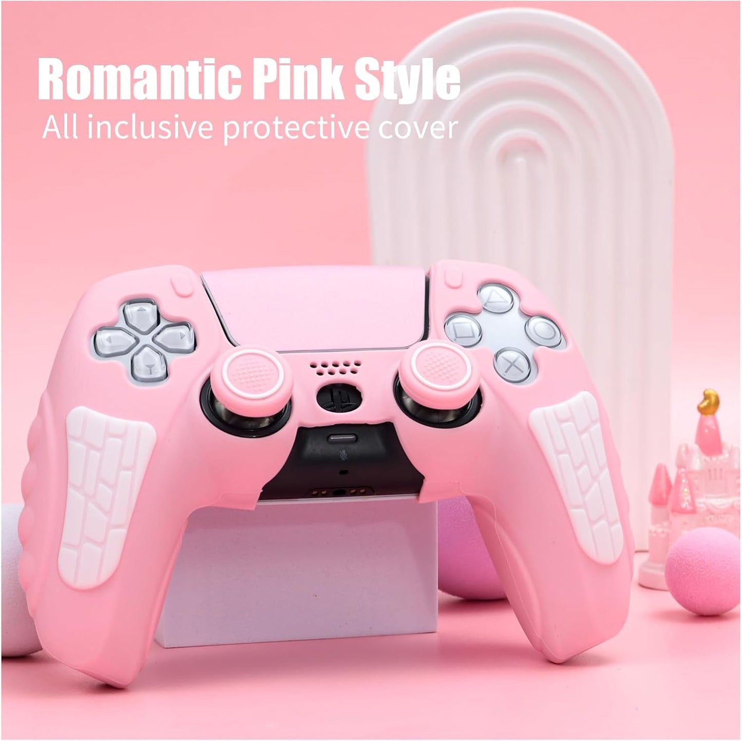 ECHZOVE PS5 Controller Cover Case, Anti-Slip Silicone Cover Skin Compatible with PS5 Controller with Thumb Grip Caps, Joystick Protectors and Cover Wrap Sticker - Pink