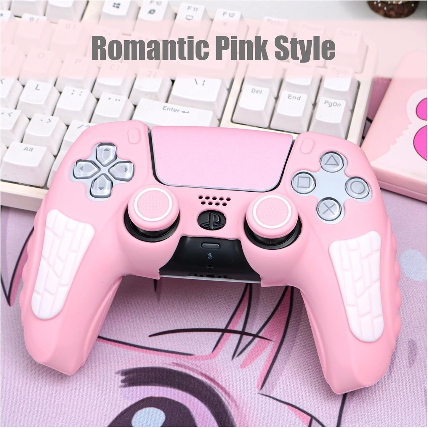 ECHZOVE PS5 Controller Cover Case, Anti-Slip Silicone Cover Skin Compatible with PS5 Controller with Thumb Grip Caps, Joystick Protectors and Cover Wrap Sticker - Pink