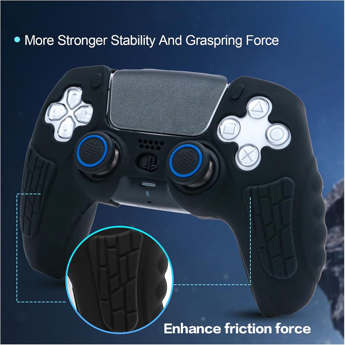 ECHZOVE PS5 Controller Cover Case, Anti-Slip Silicone Cover Skin for PS5 Controller with Thumb Grip Caps, Joystick Protectors and Cover Wrap Sticker(2 Packs) AllBlack