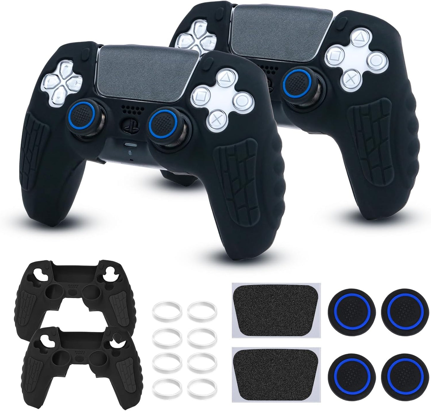 ECHZOVE PS5 Controller Cover Case, Anti-Slip Silicone Cover Skin for PS5 Controller with Thumb Grip Caps, Joystick Protectors and Cover Wrap Sticker(2 Packs) AllBlack