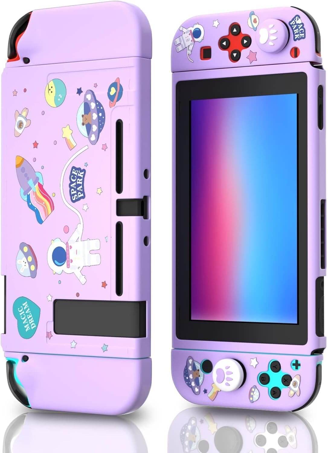 Dockable Switch Purple Case for Girls – Cute Kawaii Soft TPU Protective Cover with Thumb Grips and Screen Protector Compatible with Standard Nintendo Switch Only