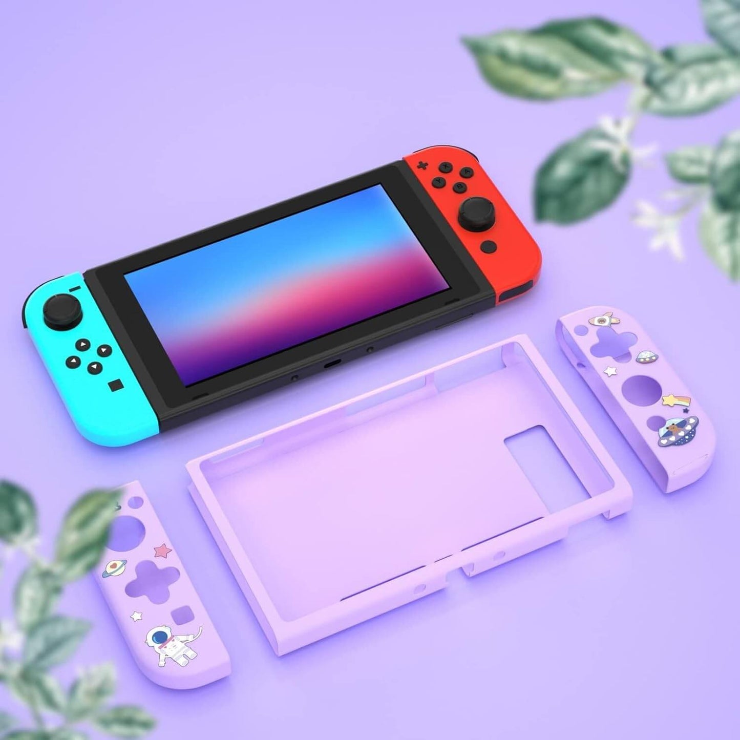 Dockable Switch Purple Case for Girls – Cute Kawaii Soft TPU Protective Cover with Thumb Grips and Screen Protector Compatible with Standard Nintendo Switch Only