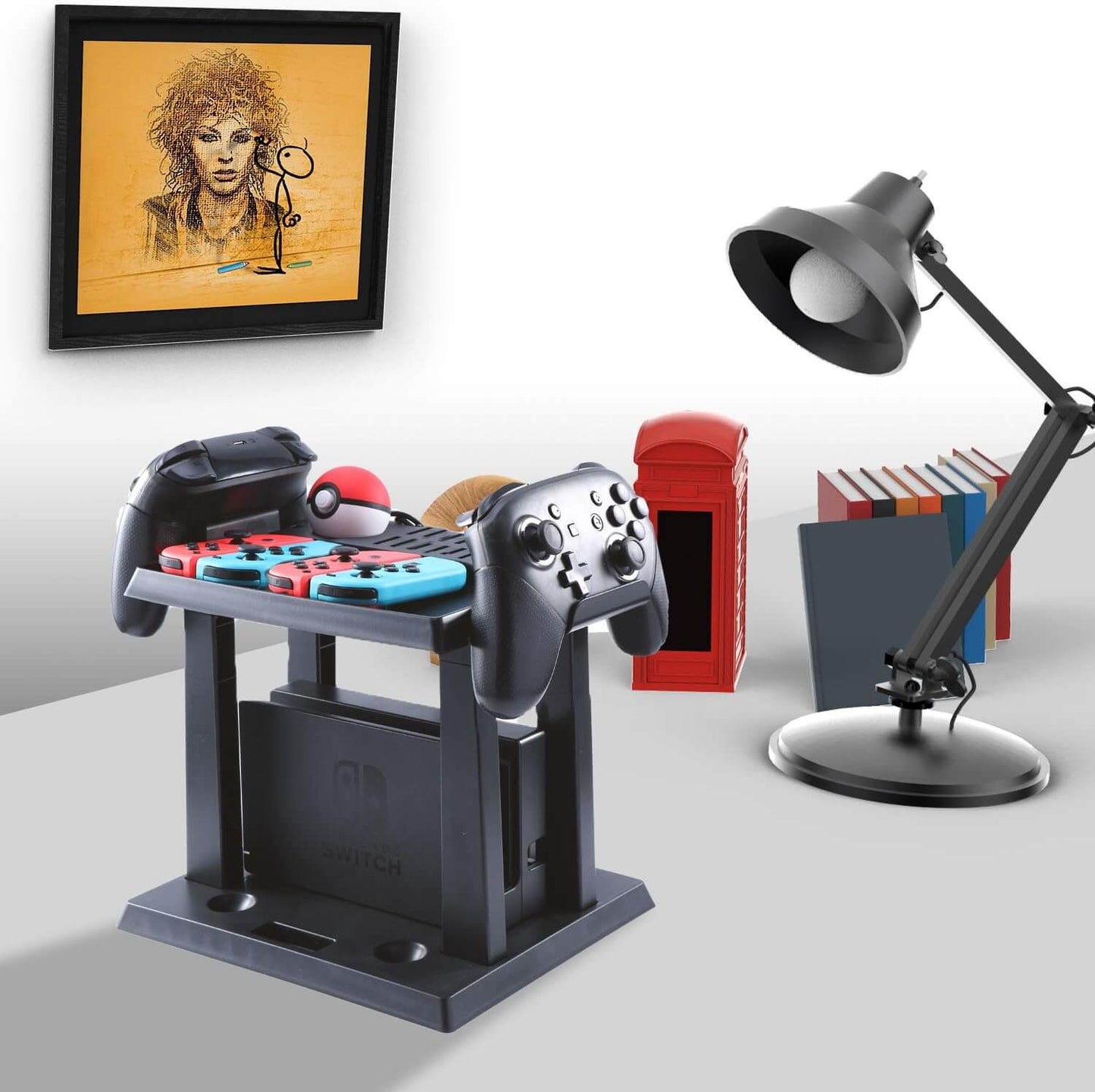 ECHZOVE Storage Stand for Nintendo Switch, Dock Organizer for Nintendo Switch Dock, Joy-Con Grip, 2 Pro Controllers, 2 Joy-Con straps, 4 Joy-Cons, 12 Game cards and 2 Poke Ball Plus Controllers