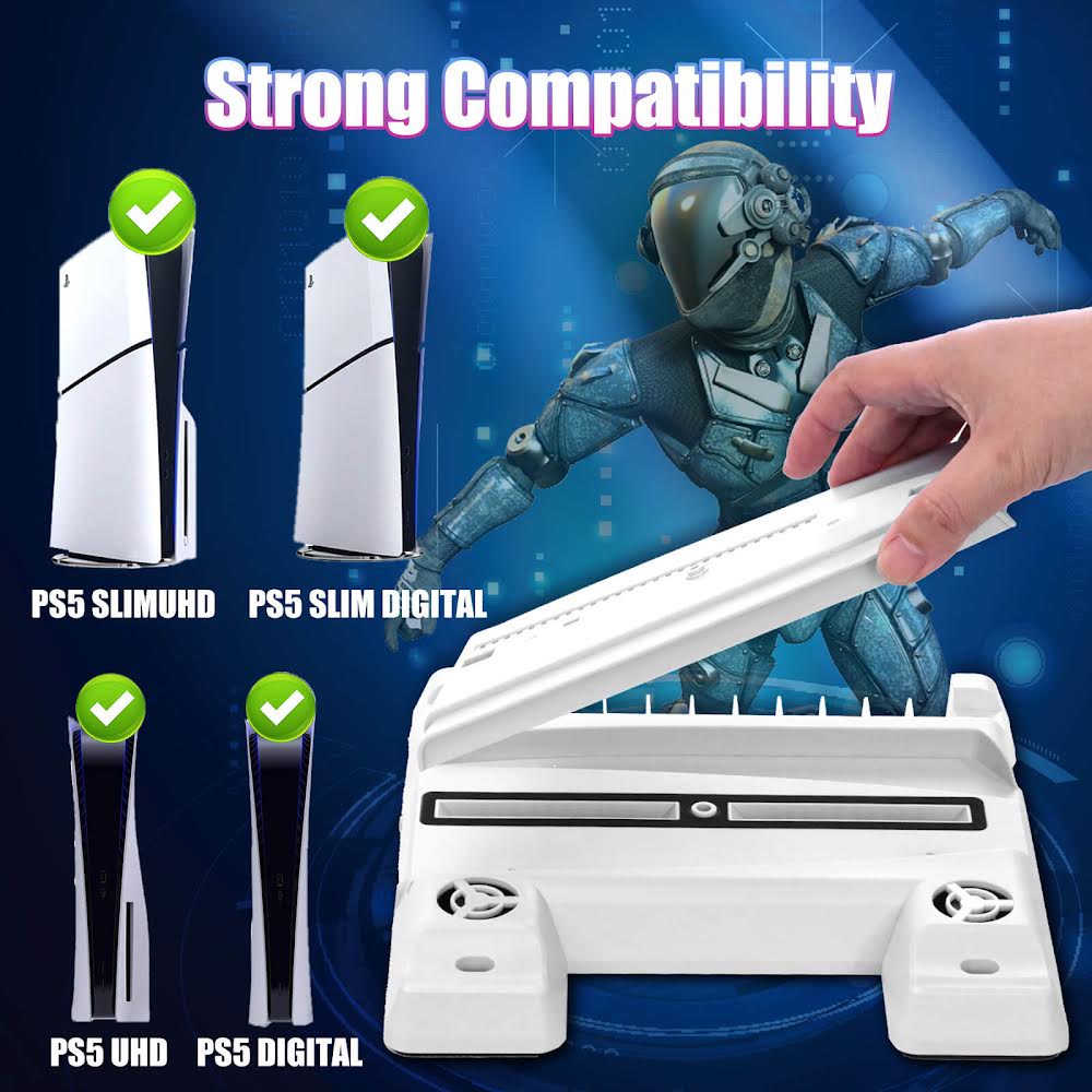 PS5 Slim Stand with Cooling Station and Controller Charging Station, Base for PS5/PS5 Slim Console Disc/Digital - White