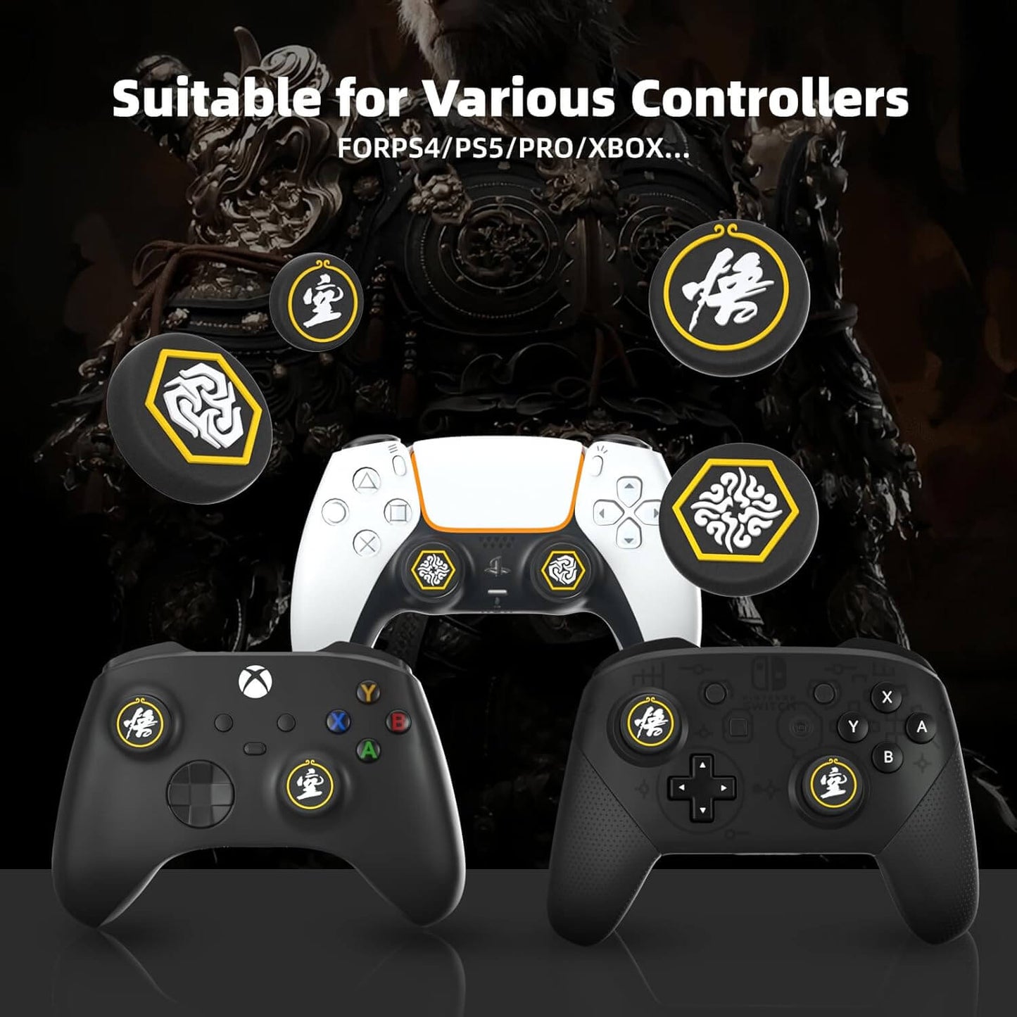 ECHZOVE Switch Pro Controller Thumb Grips, Cool Thumb Grips Compatible with Switch Pro Controller, PS5 Controller, PS4 Controller, Xbox Controller, etc - Black Myth Wukong