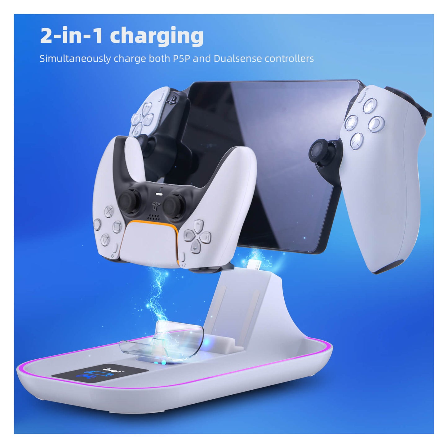 PS5 Portal Charging Station for Playstation Portal Remote Player and PS5 Controller with Charging Cable and RGB Light - White