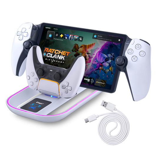 PS5 Portal Charging Station for Playstation Portal Remote Player and PS5 Controller with Charging Cable and RGB Light - White