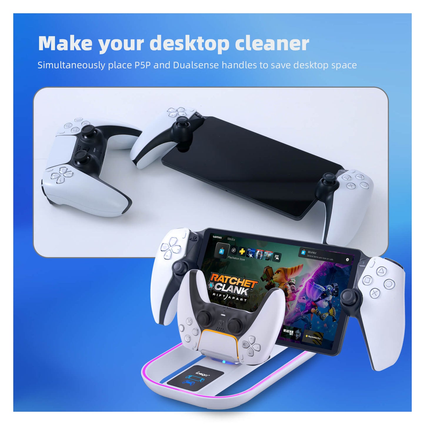 PS5 Portal Charging Station for Playstation Portal Remote Player and PS5 Controller with Charging Cable and RGB Light - White