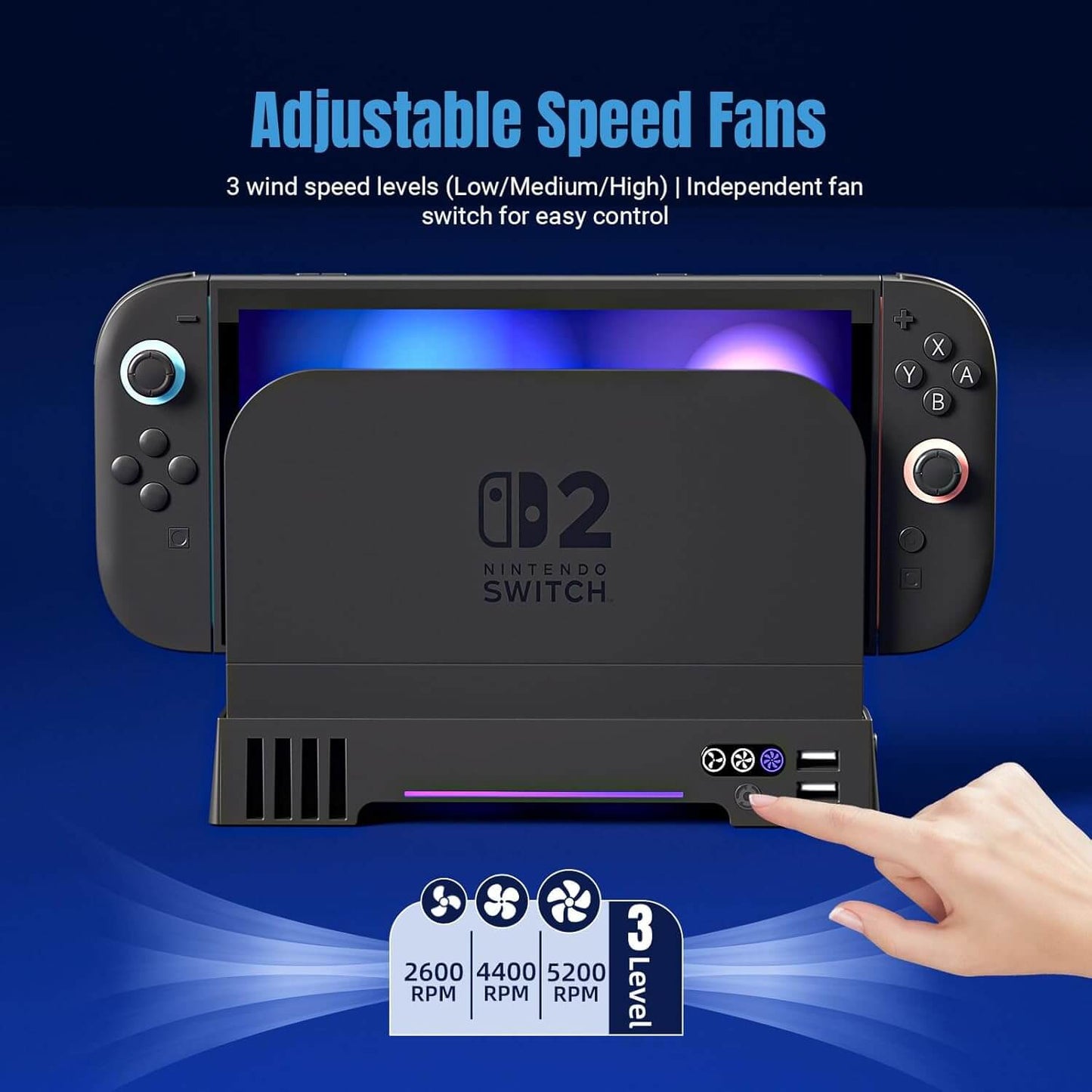 ECHZOVE Switch 2 Cooling Fan Dock with Dual Fans and USB Charging Ports – Quiet Overheat Protection for Nintendo Switch 2 Console with RGB Light