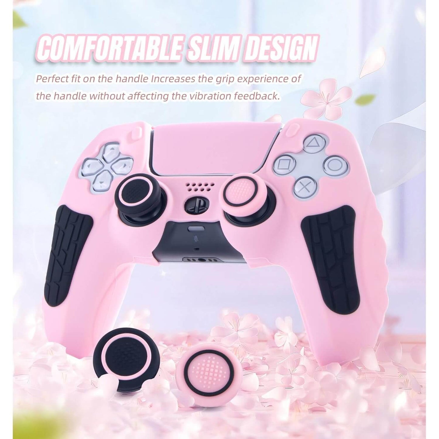 ECHZOVE PS5 Controller Cover Case, Anti-Slip Silicone Cover Skin Compatible with PS5 Controller with Thumb Grip Caps, Joystick Protectors and Cover Wrap Sticker - PinkBlack