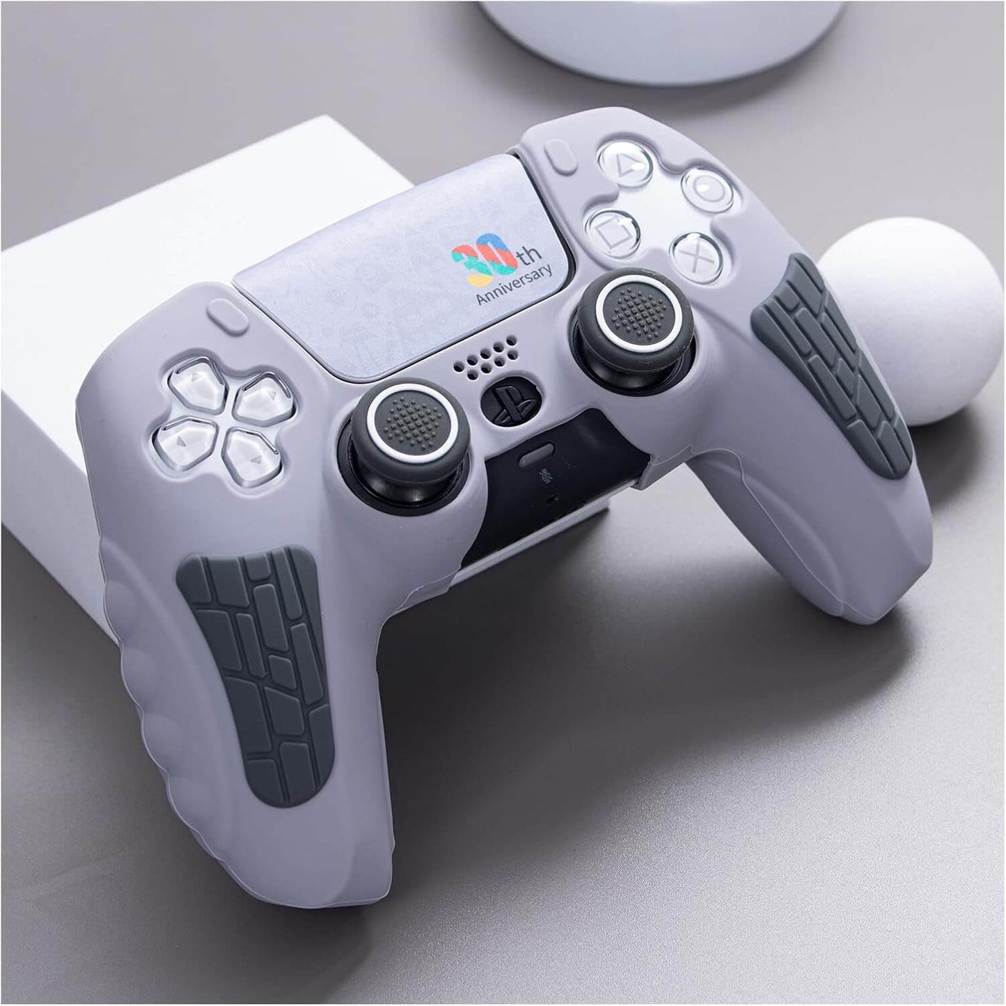 ECHZOVE PS5 Controller Cover Case – 30th Anniversary Limited Edition Protective Silicone Skin for PlayStation 5 Controller, Anti-Slip, Sweat-Resistant, Shockproof Grip Case (Light Grey)