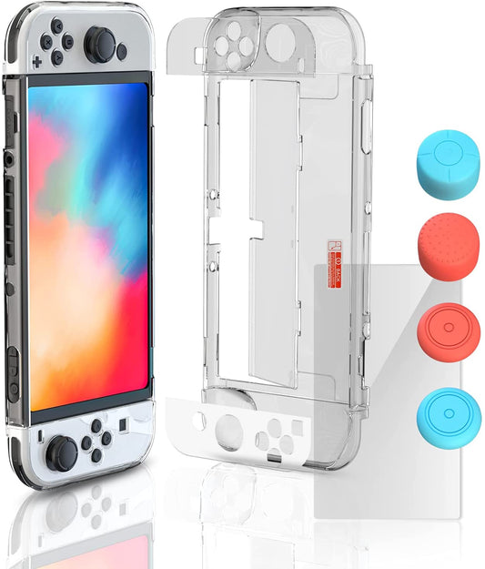 Switch OLED Hard Case, Switch OLED Protective Case Front and Back with Tempered Glass Screen Protector and Thumb Grip Caps