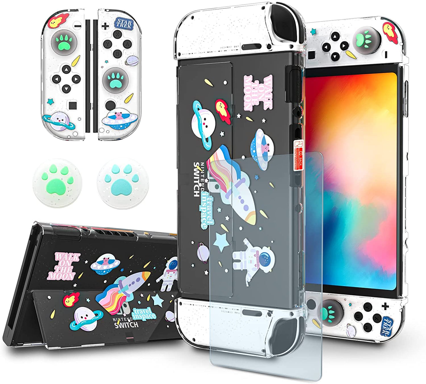 Switch OLED Protective Case, Switch OLED Clear Case with Tempered Glass Screen Protector and Thumb Grip Caps