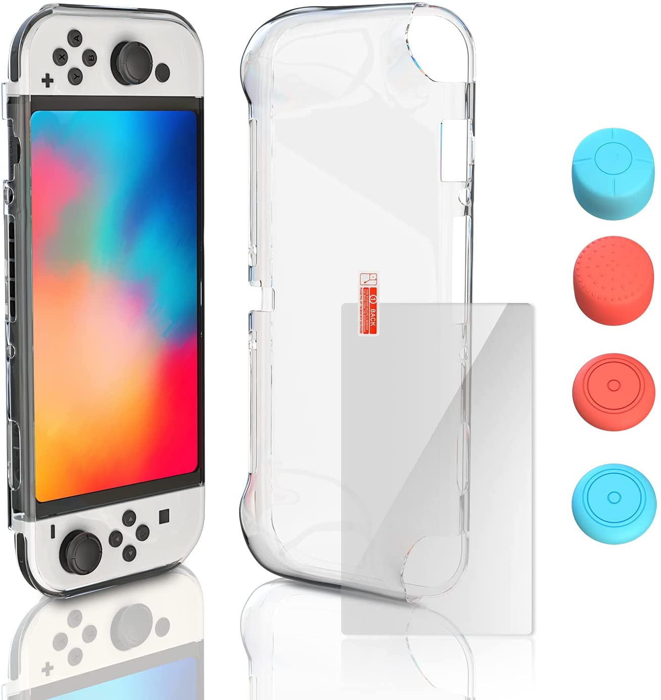 Switch OLED Clear Case, Switch OLED Soft TPU Case with Tempered Glass Screen Protector and Thumb Grip Caps