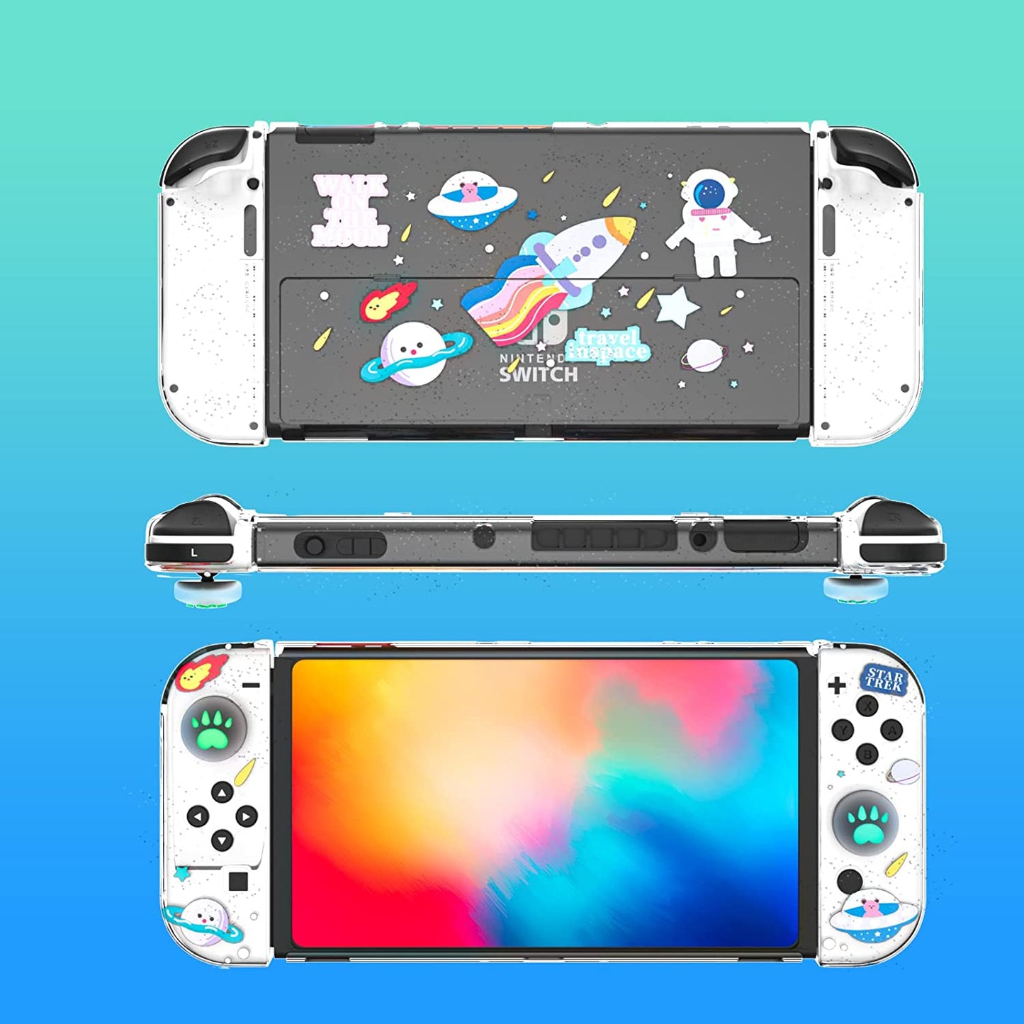 Switch OLED Protective Case, Switch OLED Clear Case with Tempered Glass Screen Protector and Thumb Grip Caps