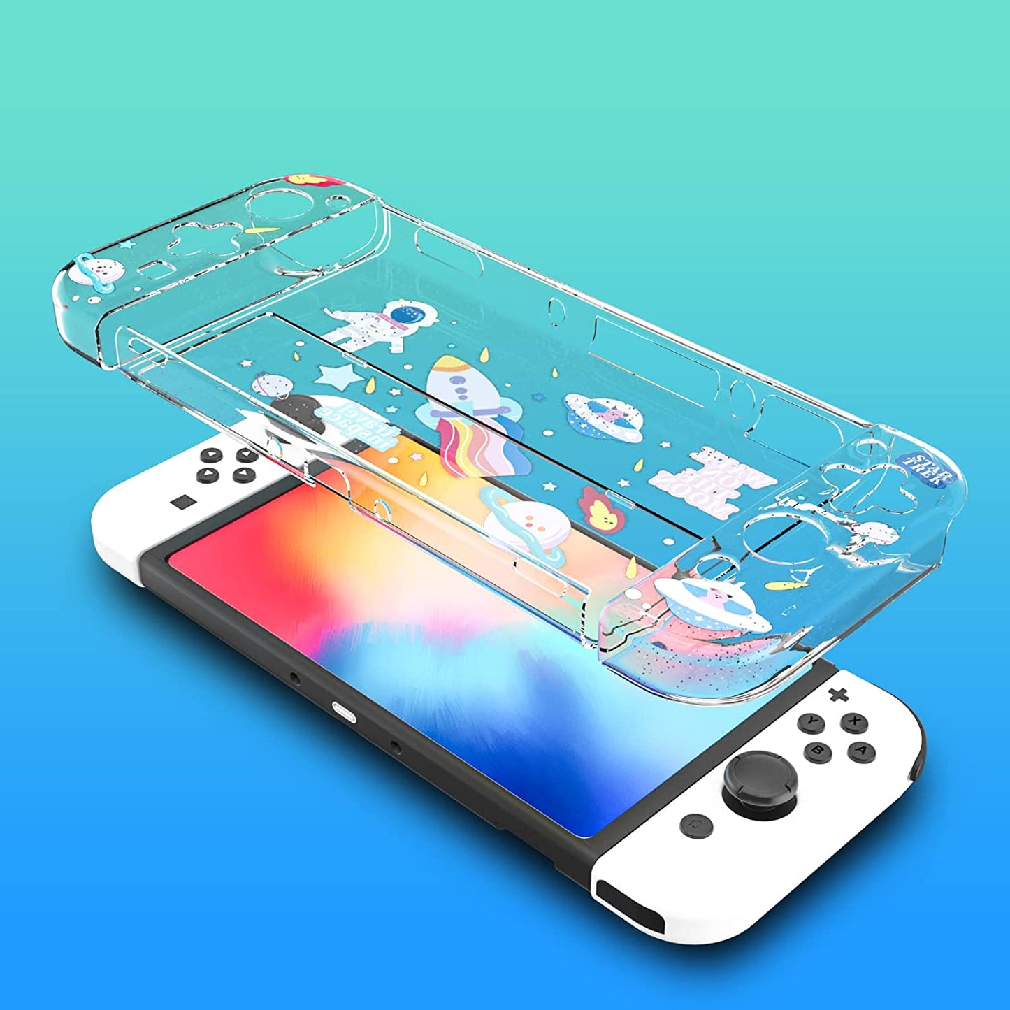 Switch OLED Protective Case, Switch OLED Clear Case with Tempered Glass Screen Protector and Thumb Grip Caps