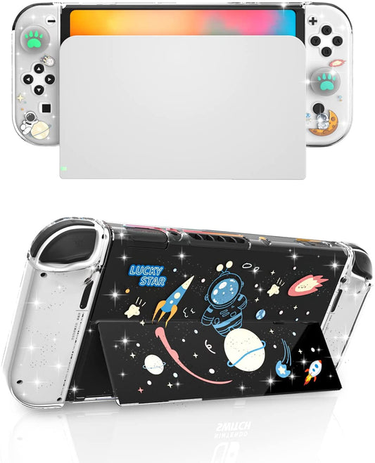 Switch OLED Protective Case,Hard PC Cover Compatible with Switch OLED Console and TPU Shell for Joy Con Controller with Tempered Glass Screen Protector and Thumb Grip Caps-Astronaut