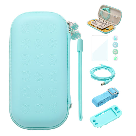 Switch lite Animal Crossing Accessories, Animal Crossing Blue Carry Case with Blue Case for Switch lite, USB C Charger Cable, Thumb Grip Caps, Glass Screen Protector, Shoulder Strap and Wrist Strap - ECHZOVE