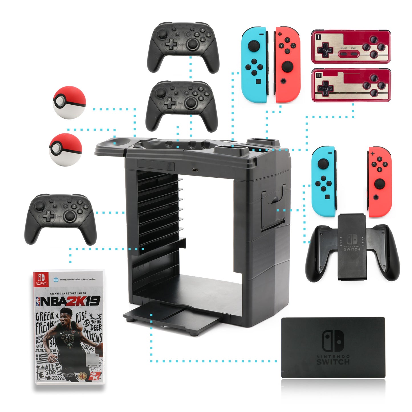 Controller Charger for Nintendo Switch, Charging Dock for Nintendo Switch 4 Joy-Cons, 4 Pro Controllers and 2 Poke Ball Plus Controllers, Storage Rack for Nintendo Switch, Holder for 8 Switch Games - ECHZOVE