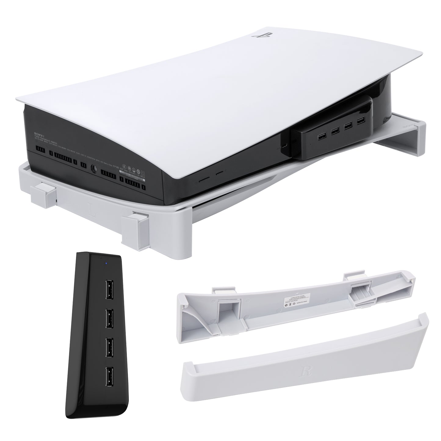 PS5 USB HUB Horizontal White, Horizontal Stand for PS5 with 4 USB Extension, Compatible with PS5 Disc and Digital Edition