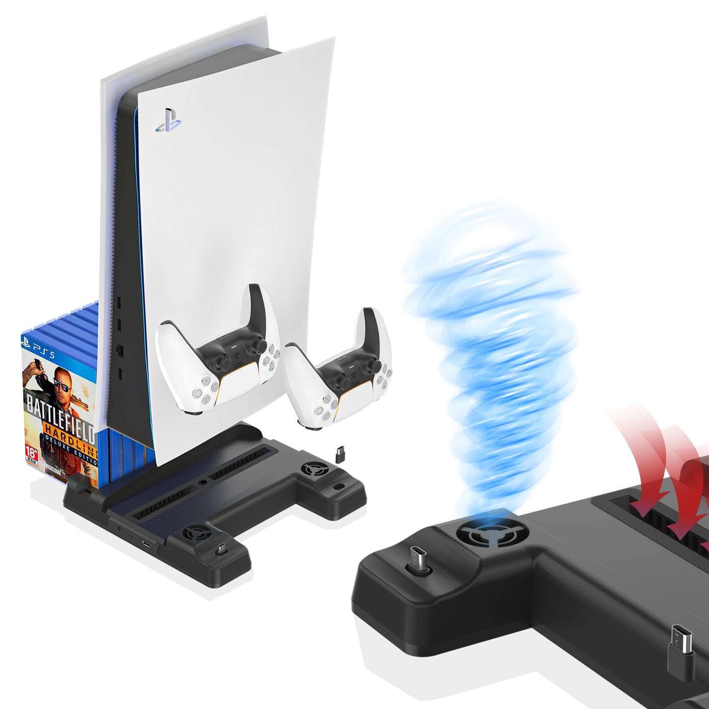 PS5 Cooling Stand with Controller Charger, PS5 Vertical Stand with Cooling Fan and LED Indicator - ECHZOVE