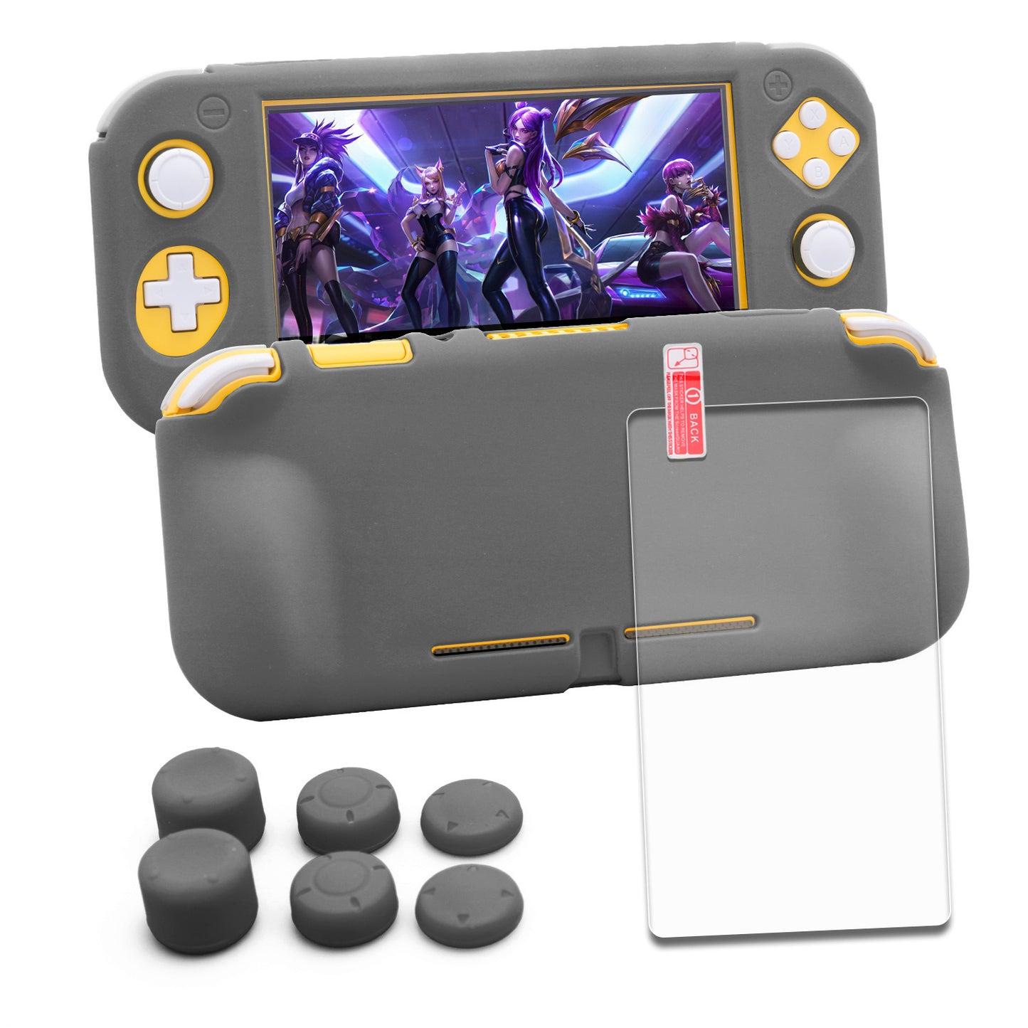 Silicone Grip Case for Nintendo Switch Lite, Soft Rubber Case for Switch Lite with Tempered Glass Screen Protector and 6 Thumb Grips - Gray - ECHZOVE