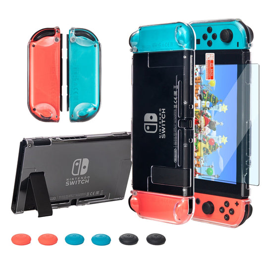 Dockable Protective Hard Cover Case for Nintendo Switch with Tempered Glass Screen Protector and Thumb Stick Caps - Clear Nintendo Switch Accessories ECHZOVE 