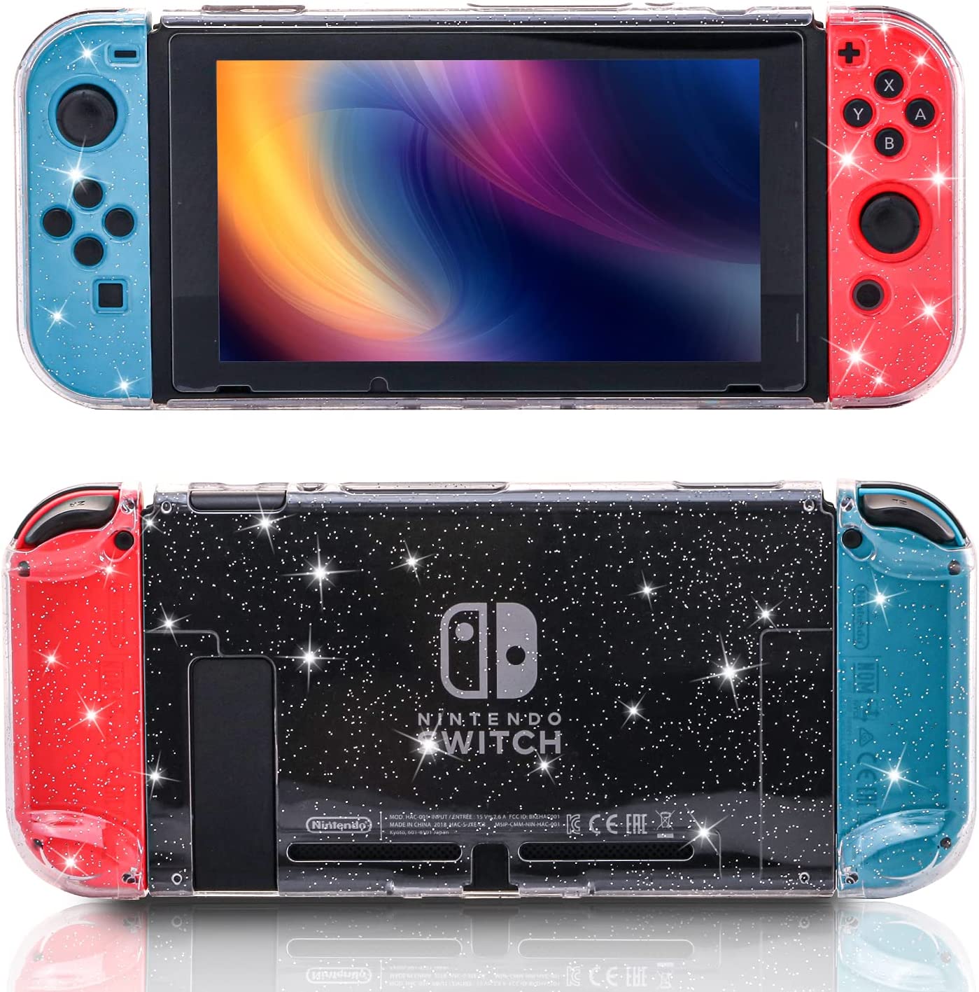 Switch Glitter Case, Switch Protective Case with Tempered Glass Screen Protector and Thumb Grip Caps - Black