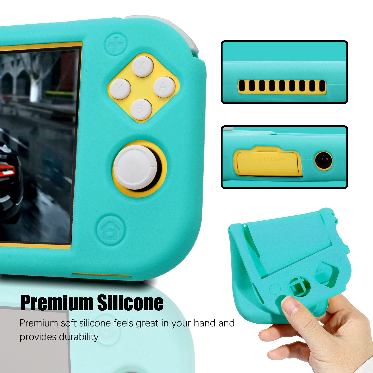 Silicone Grip Case for Nintendo Switch Lite, Soft Rubber Case for Switch Lite with Tempered Glass Screen Protector and 6 Thumb Grips - Turquoise - ECHZOVE