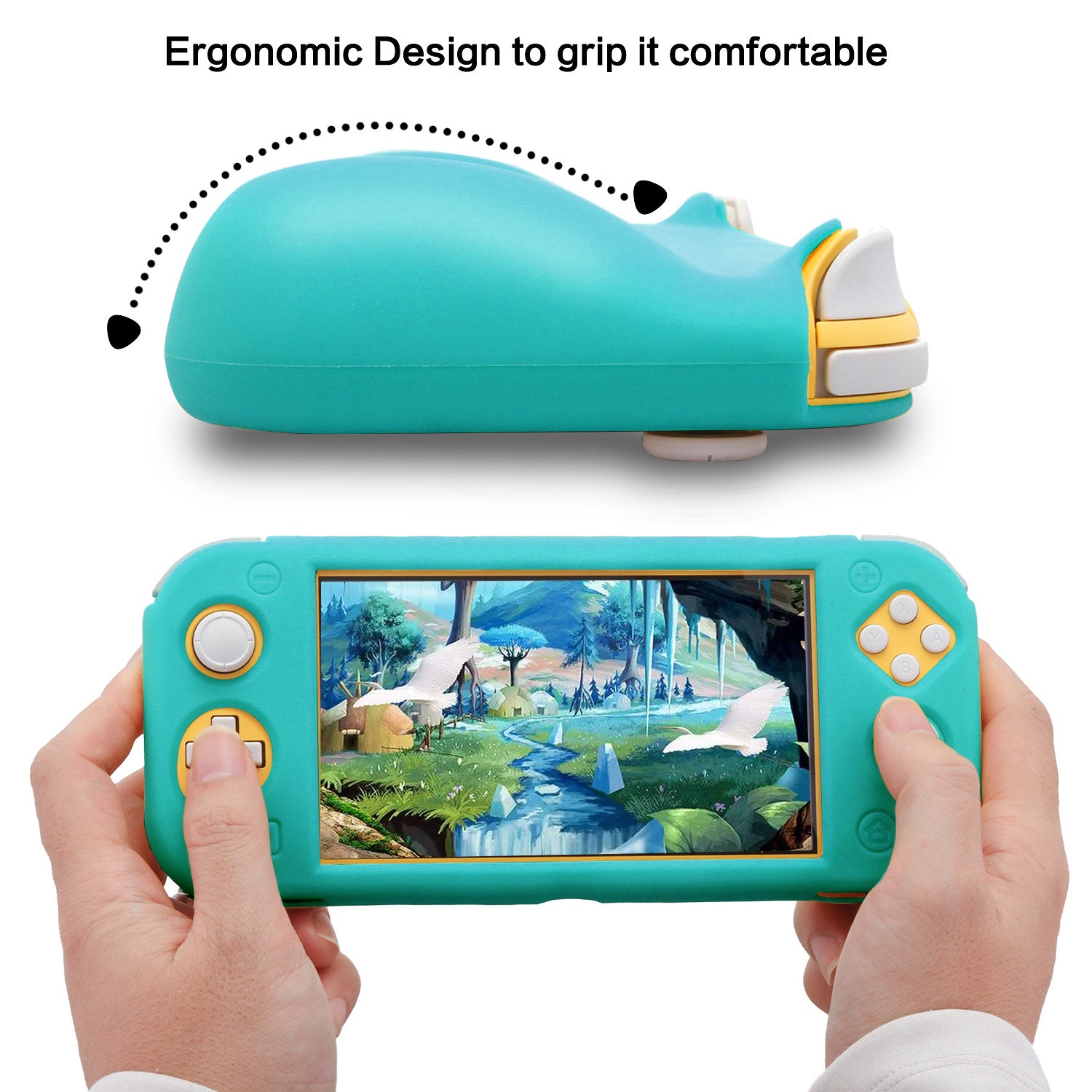 Silicone Grip Case for Nintendo Switch Lite, Soft Rubber Case for Switch Lite with Tempered Glass Screen Protector and 6 Thumb Grips - Turquoise - ECHZOVE