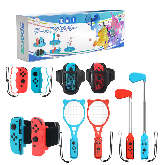 Nintendo Switch Sports Accessories, 10 in 1 Switch Sports Accessories Bundle 2022, Including Switch Leg Straps, Switch Wrist Bands, Switch Tennis Racket, Switch Boxing Grips, and Switch Golf Accessories - Blue and Red