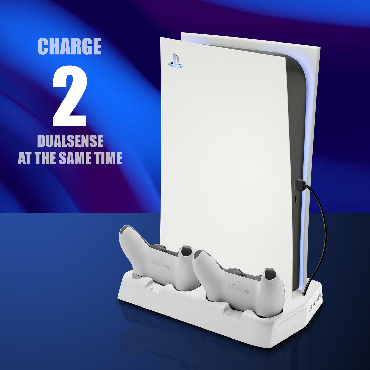 PS5 Stand with Cooling Fan and Controller Charger, Vertical Stand for PS5 Disc & Digital Editions, PS5 Stand with USB Ports and Game Rack - White - ECHZOVE