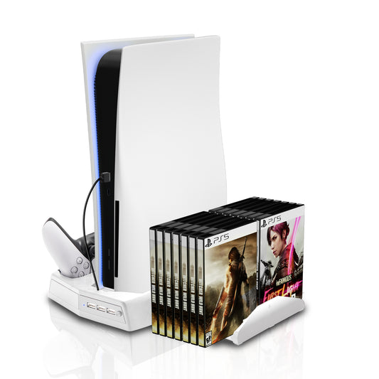 PS5 Stand with Cooling Fan and Controller Charger, Vertical Stand for PS5 Disc & Digital Editions, PS5 Stand with USB Ports and Game Rack - White - ECHZOVE