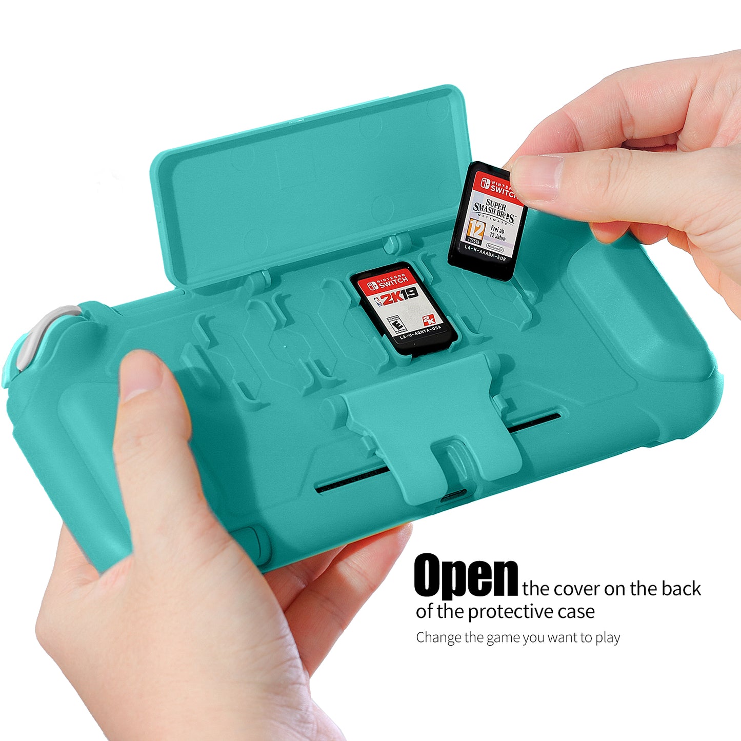 TPU Protective Case for Nintendo Switch lite, Cover Case for Nintendo Switch lite with Kickstand and 4 Game Card Slots - Turquoise - ECHZOVE